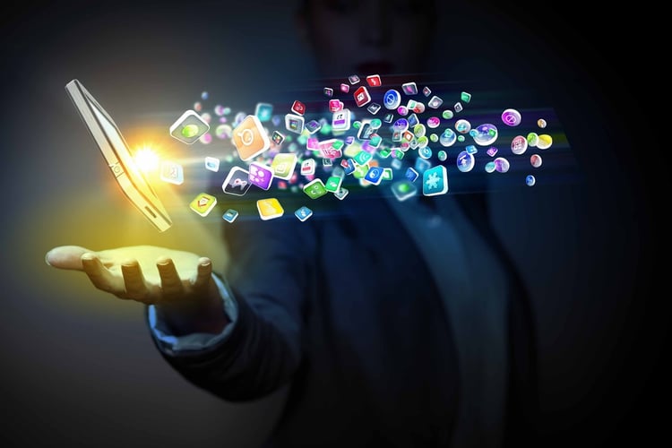 Application icons in human hand. Wireless technologies-1