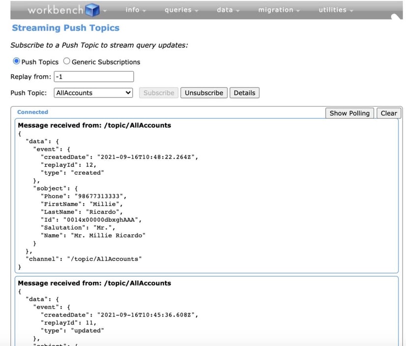 Workbench streaming pushtopics